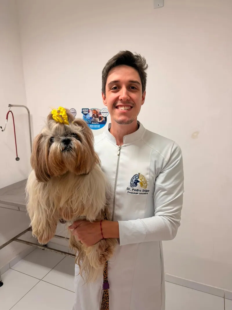 Dr. Pedro Stipp de jaleco segurando um shih-tzu de laço amarelo no consultório